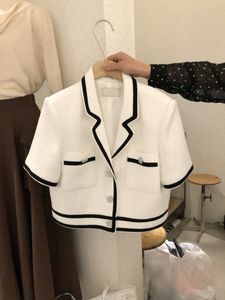 Women's Wool Blends Temperament Korean Tweed White Short Sleeve Jacket Crop Fashion Summer Slim Black Suits Woolen Cardigan Top 221123