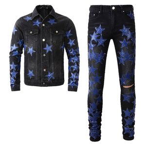 Black Tracksuits Ripped Holes Men's 2 Piece Sets Autumn Fashion Slim Blue Star Patch Long Sleeve Denim Jacket Matching Stretch Skinny Jeans