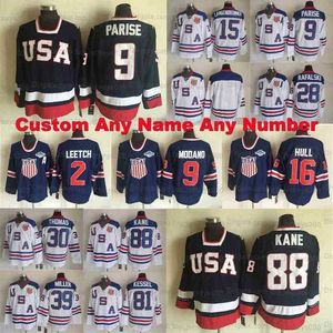 Custom Vintage Hockey Jersey Team USA 88 Patrick Kane 39 Miller 2 Leetch 81 Kessel 9 Parise 16 Hull Modano 30 Thomas 28