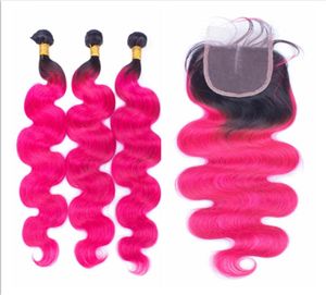 T1B Pink Ombre Virgin Brazilian Body Wave Hair With Closure 4Pcs Lot Dark Roots Two Tone Colored 3Bundles With 1Pc 4x4 Lace Closur1186166