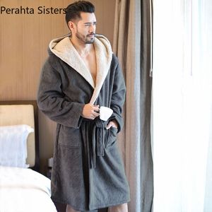 Men's Sleepwear Brand Winter Robe Double Layer Thick Soft Flannel Hooded Bathrobes Male Comfort Gray Knee Length Home Warm Dressing Gown 221122