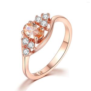 Cluster Rings Oval Orange Crystal For Women Four Cubic Zirconia Rose Gold Color Birthday Party Xmas Gift Fashion Jewelry R401