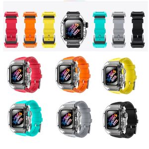 Tiras inteligentes Transparente Case de armadura Fluorine Rubber integrado Kit de cinta Integrada Tampa da faixa da banda da banda de vigilância FIT IWATCH 8 7 6 SE 5 4 Para Apple Watch 44 45mm Pulseira