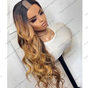 Ombre Siyah Kökler% 100 İnsan Saçlı Peruklar Bal Sarışın Vücut Dalgası Kadınlar için Glueless Uzun 30 inçler 1x4 Açılış U Parça perukları 6clips ile