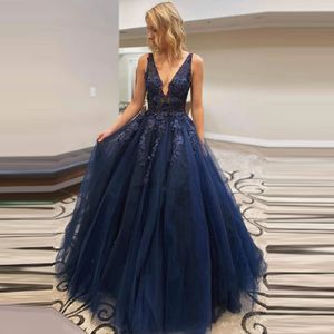 Ärmellose marineblaue lange Ballkleider Vestidos De Festa A-Linie Sexy Spitzenmieder Abendkleid Partykleid