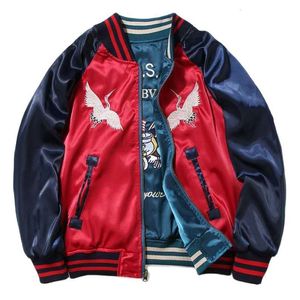 Skórzana męska Faux sukaan satynowa bombowca kurtka baseballowa Mężczyźni Yokosuka haft dwustronny płaszcz uniwerek męski marka Streetwear Spring 221122