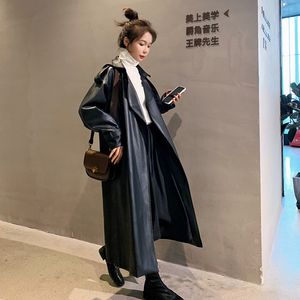 Korean Fashion Women's Waterproof Leather trench coat black leather - Oversized, Loose Fit, Long Sleeve, Spring Black