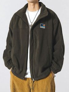 Herrläder faux japan lammull jacka sammet förtjockning hösten vinter stativ upp krage polär fleece blixtlås kappa unisex casual last 221122