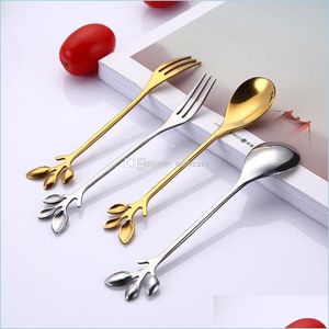 Spoons Stainless Steel Tree Branch Spoon Fork Gold Dessert Coffee Spoons Home Kitchen Dining Flatware Drop Delivery Garden Bar Dhowu