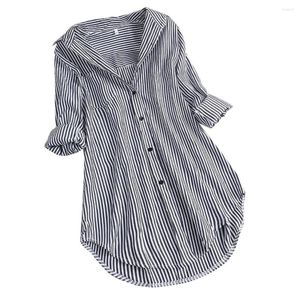 Kvinnors blusar 2022 Fashion Casual Ladies Women Stripe Blus Long Turn-Down Collar Sleeve Shirts Lossa Top Women's Button