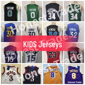Kids 0 Tatum Basketball Jersey Shaq 15 Vince Carter Curry 34 Giannis Allen Throwback رجالي نيو جيرسي مخيط هدايا للشباب للأطفال