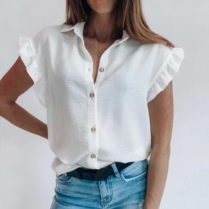 Tshirt feminino Mulheres Tshirt Botões de cor sólida Turndown Collar Ruffle Ruffle Sleeseless Ladies Fashion Fashion Outdoor Feminino confortável para 221124