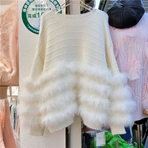 Damen-Pullover mit Rundhalsausschnitt, lockeren Fledermausärmeln, Fuchsfell-Patchwork, modischer Pullover