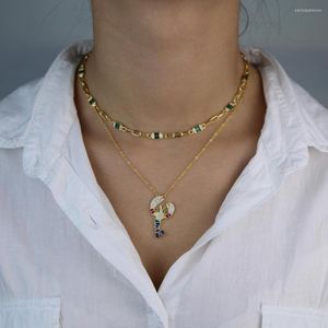 Pendant Necklaces 2022 European Women Collar Choker Colorful Fashion Green Red Blue Baguette Cz Station Safety Pin Chain Gold Plated