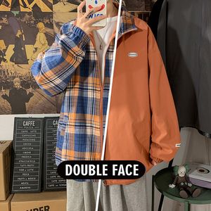 Männer Jacken Frühling Alle spiel Unisex Koreanische Mode Mäntel Herren Harajuku Hip Hop Adrette Jacke Männlich Plaid Double Face windjacke 221123