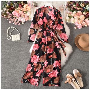 Women's Jumpsuits Rompers Women Girl Chiffon Vintage Printed Floral Full Sleeve V Neck Casual Loose Playsuits Tops 221123