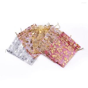 Sacchetti per gioielli 25 pezzi / set Sacchetti in organza con coulisse stampati rosa 12X10 cm Regali rettangolari di colore misto Regali per bomboniere Borsa per imballaggio all'ingrosso