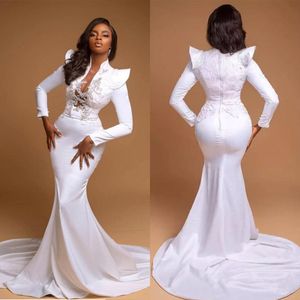 Evening White Mermaid Dress Full Sleeve Applique Dubai Women V Neck Wear Custom Made Party Prom Formal Gowns