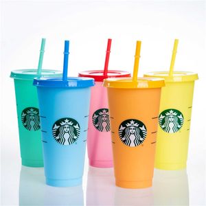 Mugs Stock Starbucks 24oz/710ml Plastic Mugs Tumbler Mermaid Goddess Color Change Reusable Clear Drinking Flat Bottom Pillar Shape Lid Straw JB9E