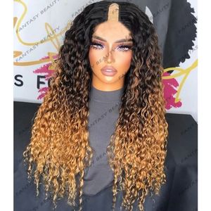 Hot 3T Color U Part / V Part Parrucche per capelli umani per donne nere Ombre Kinky Curly Black Roots Natural Remy Glueless Honey Brown Wig Afro Curl