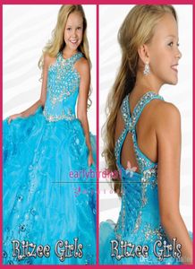 Aqua Blue Girls Pageant Dresses 2016 Halter with Beads Rhinestones Ruffles Organza Floor Length Ball Gowns Child Pageant Party Gow7110943