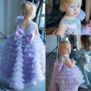 Lavender Princess Flower Girl Dresses Sweep Train Jewel Neck Sequined Lace Sequins Tiered Ruffles Gilrs Pageant Little Kids First Communion Dress Bow 403