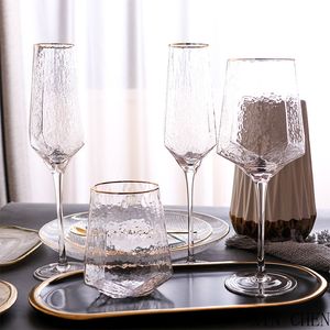 Copos de vinho copo de vinho tinto de vidro martelado em mai￺sculas com aro de ouro n￳rdico goblet de cristal vintage com aro de ouro de champanhe 221124