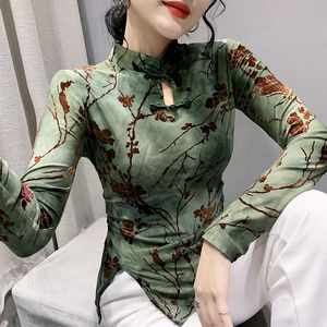 女性用Tシャツs3xlビンテージメッシュTシャツトップメスフルスリーブフィルックチャイニーズスタイルの襟花柄の高い伸縮性のあるティーシャツの女性221124