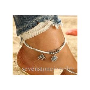 Anklets Bohemian Alloy Animal Foot Ornament Elephant Sun Mtilayer Leather Rope Square Beads Chain Anklet Female Beach Hawaiian Drop Dhcxx