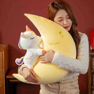 60 cm Kawaii Pluxus Sky Moon com brinquedos de travesseiro unicórnio Sofá em forma de travesseiro em forma de lua, amantes de almofada de cadeira de cadeira de cadeira divertida J220729