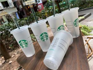 Starbucks 24oz/710ml Plastic Mugs Tumbler Reusable Clear Drinking Flat Bottom Pillar Shape Lid Straw Cups Bardian 50pcs Free DHL ZV6C