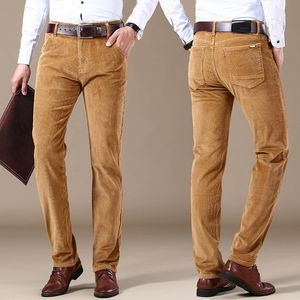 Мужчины тонкие густые теплые вельветовые джинсы флисовые брюки мужской случайные брюки в стиле делового стиля Осенняя зимняя мода