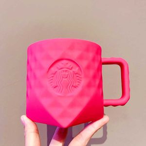 Summer Starbucks Fluorescent pink Diamond Cut Ceramic Tumbler 355ML Mermaid Coffee Drink Cup with Handle 9T0C