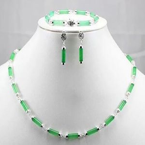 Natural Green Jade Sterling Silver 925 Fortune Necklace Earrings Armband Set