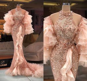 Rose paljetter 2023 Gold Prom -klänningar sjöjungfru långa ärmar rufsar av axelfronten skräddarsydd räckta kvällsfestklänningar vestidos formella ocn slitage