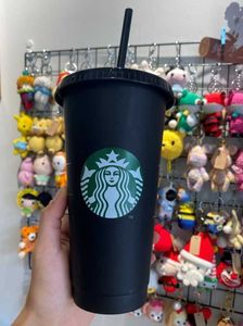 Starbucks 24oz/710ml Tumbler de caneca de pl￡stico reutiliz￡vel bebida preta Bottom Bottom Pillar Straw Copo 2IC9