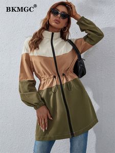 Women Blends BKMGC Spring Autumn Streetwear Green Brown Beige Wide Strips Zipper Hight Waist Long Coat Windbreaker Jacket for Women 2238 221124