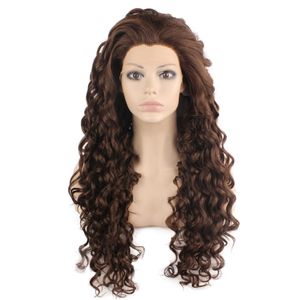 Peruca marrom extra longa de 26 polegadas, resistente ao calor, frente de renda, cabelo sintético, peruca encaracolada