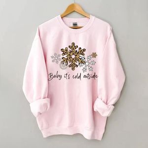 Women's Hoodies Sweatshirts Christmas Baby It's Cold Outside Letter Print Snowflake Leopard Sweatshirt Cotton Fabric Quality Tops Pullover Streetwear 221124