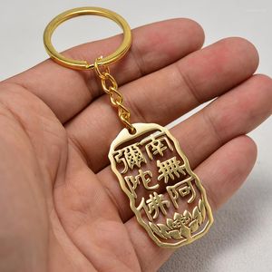 Keychains Buddha Buddhism South Amitabha ord Lycka till Gold Color Key Chain damer Kvinnor bil Keychain