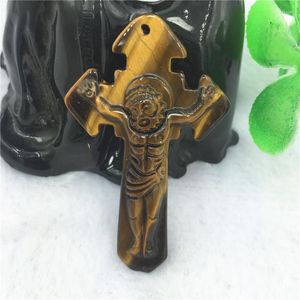ペンダントネックレスドロップ高品質のナチュラルトラの目イエスは手彫りのネックレスフリーロープ卸売でクロス