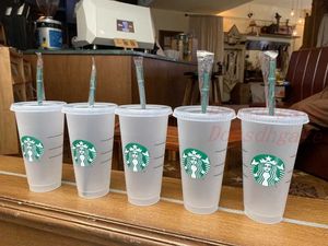 Starbucks 24oz/710ml Plastic mug Tumbler Lid Reusable Clear Drinking Flat Bottom Pillar Shape Straw Bardian Color changing Flash Cups 50 PCS HGZ4