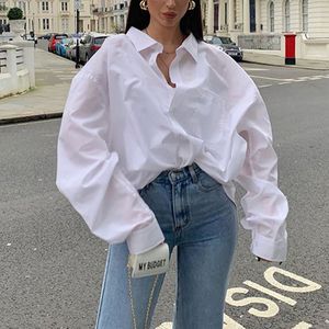 Women's Jumpsuits Rompers Ladies Vintage Spring Autumn Long Loose Blouse Shirt Elegant White Button Casual Office Oversized Tops Blusas 221123