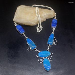 Łańcuchy GemstoneFactory Biżuteria Big Promocja Unikalna 925 Srebrny Naturalny Blue Botswana Agat Kobiety Naszyjnik 48 cm 202202243