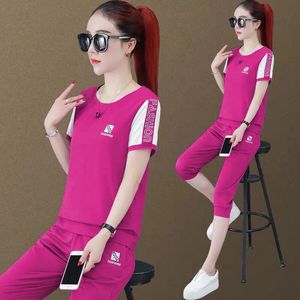 Women's Two Piece Pants Sports Fashion Cropped Trousers Set Short Sleeved Round Neck Slim Summer Suit Women Rose Red Purple Blue Clothes 221123