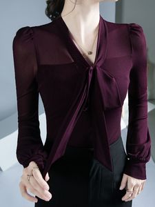 Women's TShirt S2XL Lady Bowknot Collar Mesh T Shirts Tees Female Full Sleeve High Stretch Tshirt Top For Women 221124