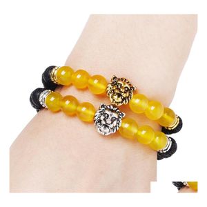 Beaded Yellow Onyx Lava Rock Lion Head Bracelet Mens Charm Mature Aura Cure Gift Drop Delivery Jewelry Bracelets Dhxi9