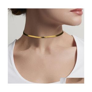 Chains Flat Snake Bone Chain Necklaces Stainless Steel Gold Collar Short Clavicle Blade Necklace Men And Women For Party Gifts Drop Dh10E