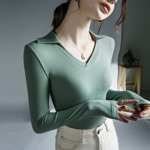 女性用Tシャツ秋の冬のティーメスVネック長いleevedなTシャツ女性ボトムTシャツベーシックトップ221124