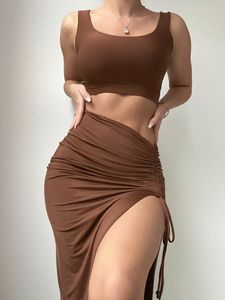 Two Piece Dress 2 Sets Women Summer Y2k Clothes Solid Crop Tank Top Ruched Side Slipt Long Skirts Set Ladies Sexy Beach Wear Outfit 221123